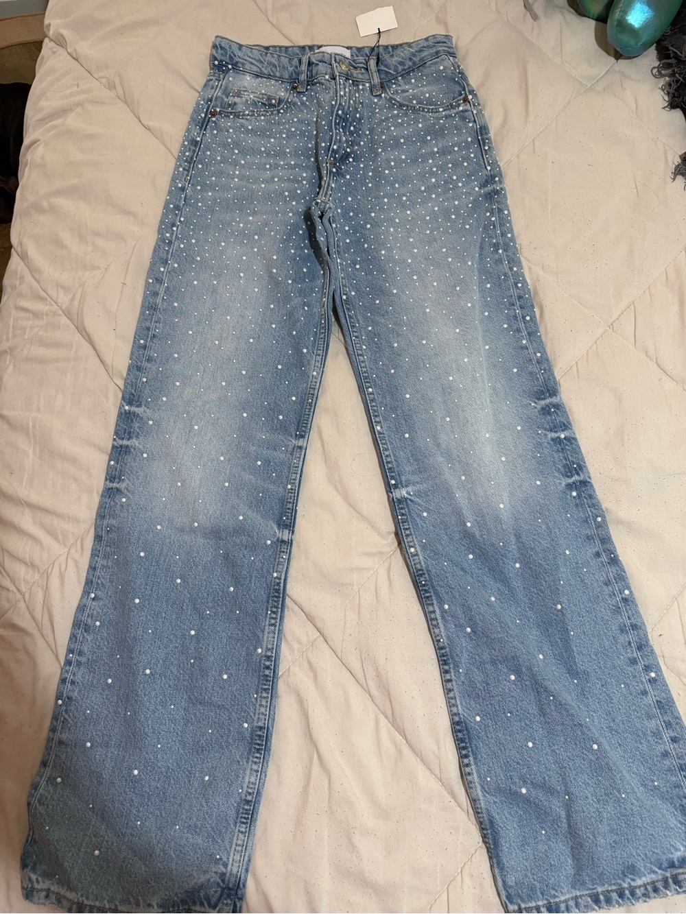Zara faux pearl embellished jeans